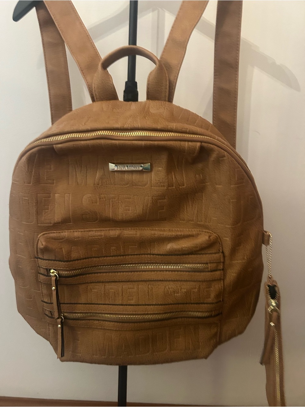 Steve Madden Caramel Tan Logo-Embossed Mini Backpack